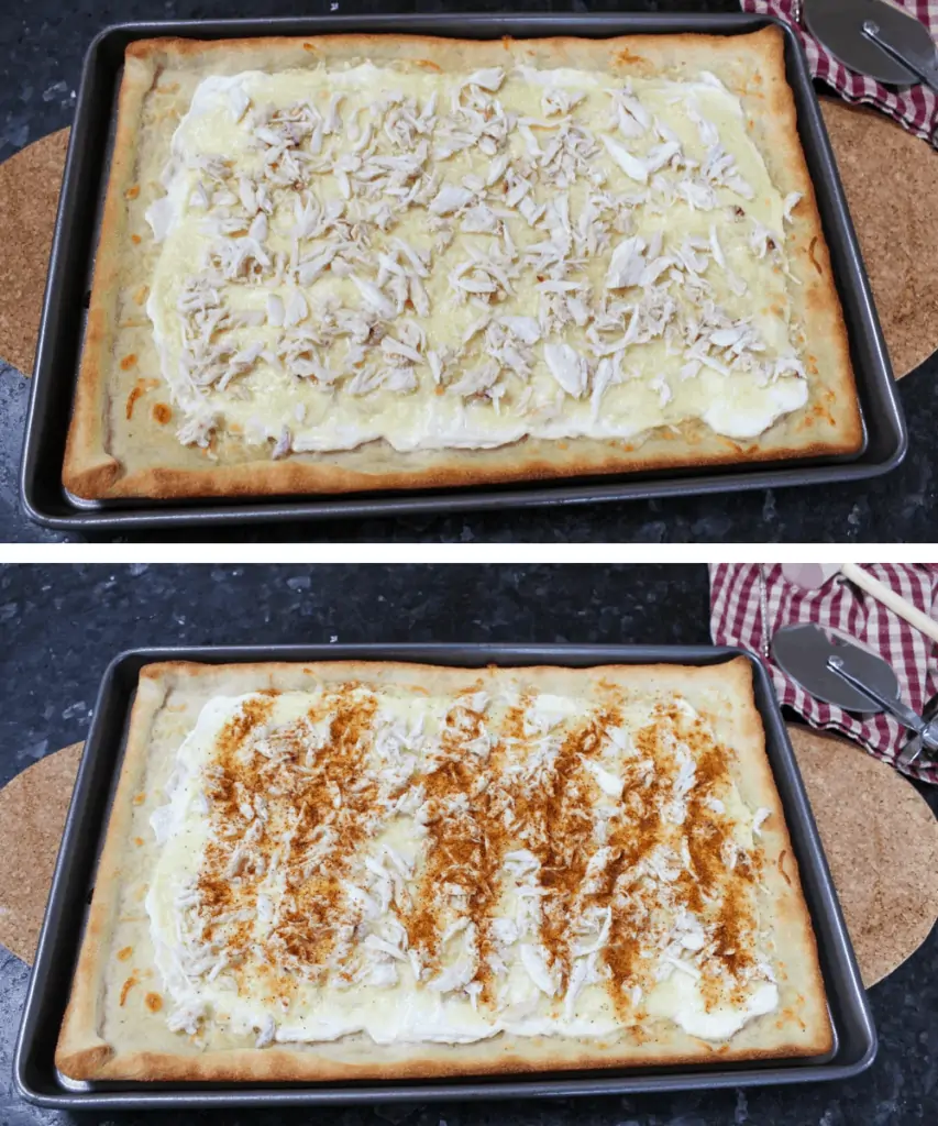 Photos showing the pizza after adding the crab meat, then after adding the seasoning. 